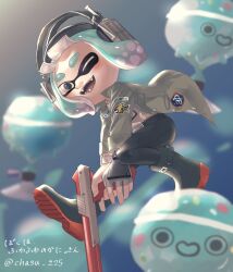 Rule 34 | 1boy, absurdres, belt, black footwear, black pants, blurry, blurry background, boots, commentary request, full body, furrowed brow, green jacket, gun, headphones, highres, holding, holding gun, holding weapon, inkling, inkling boy, inkling player character, jacket, koyomi yamai, male focus, medium hair, n-zap (splatoon), nintendo, one eye closed, open clothes, open jacket, open mouth, pants, print footwear, print jacket, rubber boots, smile, solo, splatoon (series), splatoon 3, super chump (splatoon), teeth, tentacle hair, translation request, weapon