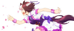 Rule 34 | 1girl, animal ears, artist request, bow, brown hair, frilled skirt, frills, from side, gold trim, highres, horse ears, horse girl, horse tail, multicolored hair, neck ribbon, official art, open mouth, puffy short sleeves, puffy sleeves, purple eyes, ribbon, short hair, short sleeves, simple background, skirt, solo, special week (umamusume), sweat, tail, tail bow, tail ornament, two-tone hair, umamusume, vest, white background, wristband