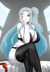 Rule 34 | 1girl, absurdres, android, angela (project moon), bed, black bra, black panties, black thighhighs, blue hair, bra, breasts, choker, cleavage, colored skin, crossed legs, grey hair, highres, lace, lace-trimmed bra, lace-trimmed panties, lace trim, large breasts, lingerie, lobotomy corporation, long hair, looking at viewer, on bed, one eye closed, one side up, pale skin, panties, project moon, sitting, smile, solo, thick thighs, thighhighs, thighs, underwear, underwear only, white skin, yellow eyes, yuulis27