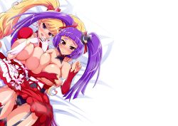 Rule 34 | 2girls, absurdres, aokura shou, asahina mirai, bed, bed sheet, blonde hair, breast press, breasts, cleavage, collarbone, cure magical, cure miracle, highres, izayoi liko, large breasts, long hair, mahou girls precure!, multiple girls, panties, precure, purple hair, ruby style, smile, symmetrical docking, thigh gap, thighs, topless, twintails, underwear