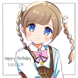 Rule 34 | 1girl, assault lily, belt, belt buckle, blue eyes, blush, bow, bowtie, braid, brown belt, brown hair, buckle, closed mouth, collared shirt, commentary, corset, dated, framed, hair ribbon, happy birthday, head tilt, highres, jewelry, kishimoto lucia raimu, long hair, looking at viewer, ludvico private girls&#039; academy school uniform, necklace, outside border, pendant, pink bow, pink bowtie, ribbon, school uniform, shirt, simple background, smile, solo, suspenders, twin braids, twintails, underbust, upper body, white background, white ribbon, white shirt, yukichi (meichi227)