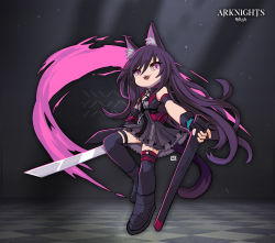 Rule 34 | 1girl, :d, animal ears, arknights, boots, cat ears, cat girl, cat tail, dress, fangs, full body, gloves, holding, holding sword, holding weapon, katana, lataedelan, long hair, looking at viewer, melantha (arknights), open mouth, purple dress, purple eyes, purple footwear, purple gloves, purple hair, sheath, sleeveless, sleeveless dress, smile, solo, sword, tail, thigh boots, thighhighs, weapon