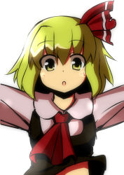 Rule 34 | 1girl, ascot, blonde hair, blush, dress, embodiment of scarlet devil, female focus, hair ribbon, midriff, open mouth, outstretched arms, ribbon, rumia, ryuu (multitask), short hair, solo, touhou, white background, yellow eyes