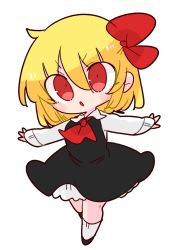 Rule 34 | 1girl, :o, ascot, black dress, black footwear, blonde hair, collared shirt, dress, hair ribbon, highres, op na yarou, outstretched arms, red ascot, red eyes, red ribbon, ribbon, rumia, shirt, short hair, simple background, socks, solo, spread arms, touhou, v-shaped eyebrows, white background, white shirt, white socks