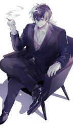Rule 34 | 1boy, belt, between fingers, cigarette, collared shirt, crossed legs, dress shoes, fate/grand order, fate (series), fingernails, hector (fate), highres, holding, jacket, long hair, long sleeves, male focus, mature male, monochrome, on chair, pants, shadow, shirt, simple background, sitting, smoke, smoking, solo, tumikilondon5, white background