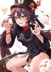 Rule 34 | 1girl, black hat, black nails, black shirt, black shorts, breasts, brown hair, chinese clothes, claw pose, collared shirt, expulse, flower, genshin impact, ghost, gradient hair, grin, hat, hat flower, highres, hu tao (genshin impact), jewelry, long hair, long sleeves, looking at viewer, micro shorts, multicolored hair, multiple rings, nail polish, notice lines, plum blossoms, ring, shirt, short shorts, shorts, simple background, small breasts, smile, solo, star-shaped pupils, star (symbol), symbol-shaped pupils, tailcoat, thighs, twintails, very long hair, white background