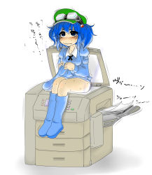 Rule 34 | 1girl, blush, boots, clothes lift, crying, hat, highres, kawashiro nitori, mitsuwo, paper, photocopier, photocopying self, printer, skirt, skirt lift, sweat, tears, touhou, translation request, trembling, two side up