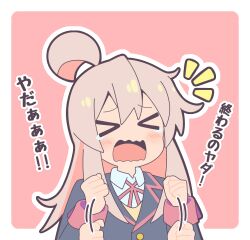 Rule 34 | &gt; &lt;, 1girl, afterimage, ahoge, black jacket, black outline, chibi, commentary request, flailing, goron (phde2424), grey hair, jacket, light blush, long sleeves, motion lines, multicolored hair, neck ribbon, onii-chan wa oshimai!, open mouth, outline, oyama mahiro, pink hair, red ribbon, ribbon, school uniform, shirt, simple background, solo, tantrum, tears, translated, two-tone hair, wavy mouth, white shirt, wing collar