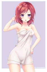 Rule 34 | 10s, 1girl, :o, bad id, bad twitter id, blush, breasts, collarbone, commentary request, covered navel, cowboy shot, hand in own hair, hand on own hip, highres, love live!, love live! school idol project, medium breasts, naked towel, nishikino maki, purple background, purple eyes, red eyes, sakurai makoto (custom size), short hair, simple background, solo, standing, sweatdrop, towel, twitter username, v-shaped eyebrows