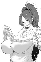 Rule 34 | 1girl, aged up, alternate breast size, breasts, condom, condom packet strip, condom wrapper, dekosukentr, greyscale, grin, high ponytail, highres, holding, huge breasts, jewelry, long hair, long sleeves, looking at viewer, mahou shoujo madoka magica, mahou shoujo madoka magica (anime), monochrome, parted bangs, ponytail, ring, sakura kyoko, simple background, smile, solo, sweater, upper body, white background