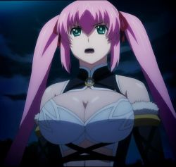 Rule 34 | 10s, 1girl, breasts, cleavage, green eyes, hagure yuusha no estetica, highres, jpeg artifacts, ousawa miu, pink hair, screencap, solo, stitched, third-party edit