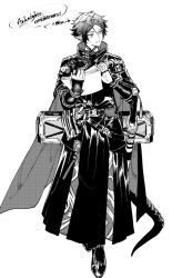 1boy arknights cape commentary_request copyright_name gauntlets greyscale high_collar highres holding holding_paper kyo_zip male_focus monochrome paper pointy_ears short_hair simple_background snake_boy snake_tail solo tail twitter_username white_background zuo_le_(arknights)