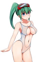 Rule 34 | 1girl, :3, absurdres, arms behind back, bad id, bad pixiv id, blue eyes, blush, breasts, center opening, collarbone, goggles, goggles on head, green hair, hair between eyes, highres, jangif, large breasts, long hair, looking at viewer, navel, one-piece swimsuit, original, side ponytail, simple background, smirk, solo, swimsuit, transparent background, vacation (turning gear), white background