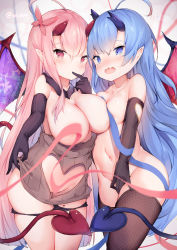 Rule 34 | 2girls, ahoge, asymmetrical docking, bare shoulders, black panties, blue eyes, blue hair, blurry, blurry background, blurry foreground, blush, breast press, breasts, brown gloves, brown legwear, brown sweater, cisyo, clothing cutout, collarbone, commentary request, convenient censoring, demon girl, demon horns, demon tail, demon wings, depth of field, elbow gloves, fang, finger to mouth, fishnet legwear, fishnets, gloves, groin, hair between eyes, heart cutout, horns, large breasts, long hair, medium breasts, mole, mole on thigh, multiple girls, nose blush, nude, original, panties, panty pull, pink hair, pink ribbon, pointy ears, purple wings, red eyes, red wings, ribbed sweater, ribbon, sweater, tail, tears, thighhighs, twitter username, underwear, very long hair, wings