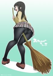 Rule 34 | 10s, 1girl, :d, ass, black hair, broom, broom riding, crotch seam, flying witch, full body, green eyes, highres, kowata makoto, loafers, looking back, mudou eichi, open mouth, panties, panties under pantyhose, pantyhose, pigeon-toed, plaid, plaid skirt, school uniform, shoes, skirt, smile, solo, underwear, upskirt