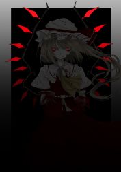 Rule 34 | 1girl, aizettonagi, ascot, black background, blonde hair, blood, blood on clothes, blood on face, blood on hands, border, bright pupils, closed mouth, collared shirt, commentary, cowboy shot, crystal, flandre scarlet, frilled shirt collar, frilled sleeves, frills, hat, highres, looking at hands, looking down, mob cap, muted color, one side up, outside border, puffy short sleeves, puffy sleeves, red eyes, red skirt, red vest, shirt, short hair, short sleeves, skirt, skirt set, slit pupils, solo, spot color, touhou, vest, white border, white hat, white pupils, white shirt, wings, wrist cuffs, yellow ascot
