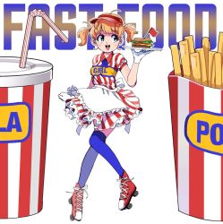 Rule 34 | 1girl, blue thighhighs, burger, cup, disposable cup, food, french fries, gloves, green eyes, minamijima command, orange hair, original, retro artstyle, roller skates, short twintails, simple background, skates, smile, solo, striped, thighhighs, twintails, vertical stripes, visor cap, waitress, white background