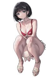 Rule 34 | 1girl, 2023, bare shoulders, between legs, bikini, black hair, blush, breasts, cleavage, collarbone, derivative work, earrings, feet, full body, grey eyes, hair ornament, hairclip, han-0v0, hand between legs, highres, jewelry, knees, large breasts, legs, looking at viewer, nail polish, original, red bikini, red nails, sandals, short hair, side-tie bikini bottom, signature, simple background, solo, squatting, strappy heels, swimsuit, toenails, toes, white background