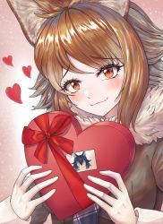 Rule 34 | 1girl, absurdres, animal ears, blush, box, brown eyes, brown hair, closed mouth, fang, fang out, gift, gloves, grey hair, grey wolf (kemono friends), heart, heart-shaped box, highres, holding, holding gift, italian wolf (kemono friends), kemono friends, lips, long hair, long sleeves, looking at viewer, multicolored hair, neukkom, red ribbon, ribbon, skin fang, smile, solo, valentine, white gloves, wolf ears, wolf girl