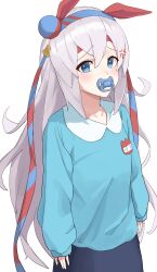 Rule 34 | 1girl, absurdres, anger vein, animal ears, asobi nin, blue eyes, blue hairband, blue shirt, breasts, commentary request, cowboy shot, ear covers, grey hair, hair between eyes, hairband, highres, horse ears, horse girl, kindergarten uniform, long hair, long sleeves, looking at viewer, mouth hold, pacifier, shirt, simple background, skirt, small breasts, solo, tamamo cross (umamusume), tearing up, umamusume, very long hair, white background