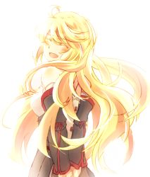 Rule 34 | 1girl, ahoge, bare shoulders, blonde hair, blush, breasts, closed eyes, detached sleeves, highres, long hair, milla (fractured), open mouth, simple background, skirt, solo, tales of (series), tales of xillia, tales of xillia 2