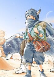 Rule 34 | 1boy, arabian clothes, backpack, bag, blue footwear, blue sky, blue white 577, canyon, child, commentary request, covered mouth, desert, feathers, full moon, headband, highres, male focus, moon, original, outdoors, sand, sky, solo, turban, wolf