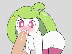 Rule 34 | 1girl, ahoge, bent over, blush, breasts, creatures (company), cum, cum in mouth, disembodied penis, erection, fellatio, game freak, gen 7 pokemon, green hair, grey background, jpeg artifacts, medium breasts, nintendo, nipples, no humans, nude, open mouth, oral, penis, pokemon, pokemon (creature), pokemon sm, purple eyes, purple thighhighs, simple background, solo, steenee, testicles, thighhighs, uncensored, yuruki