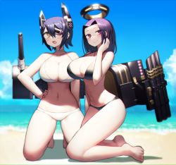 Rule 34 | 2girls, bare arms, bare legs, bare shoulders, barefoot, beach, bikini, black bikini, blue sky, blurry, blurry background, blush, breasts, choker, cleavage, closed mouth, cloud, commentary, day, depth of field, eyepatch, halo, halterneck, hand on own hip, hand up, harau, kantai collection, kneeling, large breasts, looking at viewer, machinery, multiple girls, navel, ocean, open mouth, outdoors, parted bangs, purple eyes, purple hair, sand, short hair, sky, smile, swimsuit, tatsuta (kancolle), tenryuu (kancolle), white bikini, white choker, yellow eyes