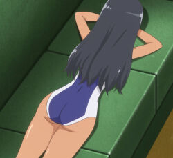 Rule 34 | 1girl, anime screenshot, ass, black hair, blue one-piece swimsuit, couch, dark-skinned female, dark skin, facing away, female focus, from behind, highres, ijiranaide nagatoro-san, long hair, lying, nagatoro hayase, on couch, on stomach, one-piece swimsuit, school swimsuit, screencap, solo, stitched, swimsuit, tan, thighs, third-party edit, two-tone swimsuit, white one-piece swimsuit
