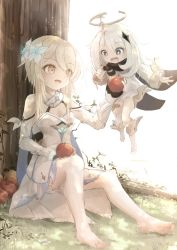 Rule 34 | + +, 2girls, :d, absurdres, apple, barefoot, black gloves, blue eyes, boots, breasts, brown eyes, commentary request, detached sleeves, dress, fingerless gloves, flower, food, fruit, genshin impact, gloves, hair between eyes, hair flower, hair ornament, halo, highres, holding, holding food, holding fruit, knee boots, light brown hair, long hair, long sleeves, lumine (genshin impact), multiple girls, on grass, open mouth, paimon (genshin impact), red apple, single thighhigh, sitting, small breasts, smile, soles, thighhighs, thighhighs under boots, tree, utatanecocoa, white dress, white flower, white footwear, white legwear, white sleeves