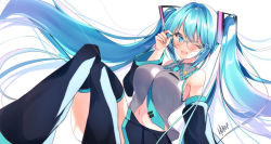 Rule 34 | 1girl, ;d, adjusting eyewear, alternate breast size, bare shoulders, black skirt, black sleeves, black thighhighs, blue-framed eyewear, blue eyes, blue hair, blue neckwear, breasts, collared shirt, commentary request, detached sleeves, feet out of frame, glasses, grey shirt, hand up, hatsune miku, knees up, long hair, long sleeves, looking at viewer, medium breasts, midriff peek, navel, nenobi (nenorium), one eye closed, open mouth, over-rim eyewear, pleated skirt, semi-rimless eyewear, shirt, signature, simple background, skirt, sleeveless, sleeveless shirt, smile, solo, thighhighs, tie clip, twintails, very long hair, vocaloid, white background, wide sleeves