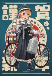 Rule 34 | 1girl, 2021, animal print, bell, bicycle, black footwear, black hakama, black hat, black ribbon, blonde hair, bottle, box, chinese zodiac, cloche hat, collar, cow, cow print, english text, floral print, frilled collar, frilled skirt, frilled sleeves, frills, green eyes, grin, hair bell, hair ornament, hakama, hakama short skirt, hakama skirt, happy new year, hat, heel up, highres, holding, holding bottle, japanese clothes, kimono, kotoyoro, kuroda (kuro yyy), long sleeves, looking at viewer, milk bottle, neck ribbon, new year, original, ribbon, shoes, short hair, skirt, smile, solo, standing, tassel, translated, twitter username, white kimono, wide sleeves, year of the ox