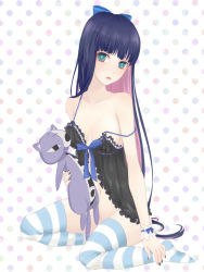 Rule 34 | 10s, 1girl, artist request, bad id, bad pixiv id, blue eyes, blue hair, bow, camisole, colored inner hair, hair bow, honekoneko, honekoneko (psg), kooki, lingerie, long hair, matching hair/eyes, multicolored hair, no panties, panty &amp; stocking with garterbelt, sitting, solo, stocking (psg), strap slip, striped clothes, striped thighhighs, stuffed animal, stuffed cat, stuffed toy, thighhighs, underwear