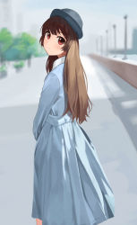 Rule 34 | 1girl, absurdres, blue dress, blue hat, brown hair, closed mouth, commentary, day, dress, feet out of frame, female focus, from behind, hat, highres, keibi inu, light smile, long hair, looking at viewer, looking back, matsumoto rise, outdoors, red eyes, solo, tree, yuru yuri