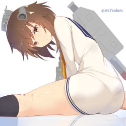 Rule 34 | 10s, 1girl, artist name, ass, brown eyes, brown hair, headgear, kantai collection, kneehighs, legs, looking at viewer, machinery, reflection, sailor collar, shorts, simple background, sitting, socks, solo, sts, thighs, yukikaze (kancolle)