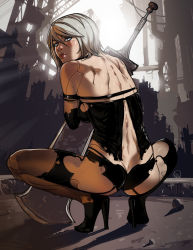 Rule 34 | 1girl, a2 (nier:automata), android, ass, back, breasts, butt crack, ganassa, high heels, looking at viewer, looking back, medium breasts, mole, mole under mouth, nier:automata, nier (series), parted lips, short hair, silver hair, solo, squatting, torn clothes
