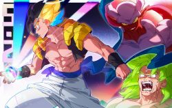 Rule 34 | 3boys, abs, angry, backlighting, baggy pants, belt, black hair, blonde hair, blue belt, blue hair, broly (dragon ball super), clenched hand, clenched teeth, colorful, dark background, dragon ball, dragon ball super, dragon ball super broly, dragonball z, energy ball, evil smile, expressionless, facing away, facing viewer, feet out of frame, fighting stance, fingernails, frown, glowing, gogeta, gradient background, green eyes, green hair, growling, halo, highres, horns, janemba, legendary super saiyan, legs apart, light particles, light rays, looking at viewer, male focus, messy hair, metamoran vest, multiple boys, muscular, no pupils, open mouth, pants, parted lips, pectorals, pink background, pointy ears, profile, purple background, qiashucai, saliva, saliva trail, scar, scar on chest, sharp teeth, smile, sparkle, spiked hair, split theme, standing, stardust breaker, super saiyan, super saiyan 1, super saiyan blue, tail, teeth, veins, white pants, wristband
