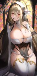 Rule 34 | 1girl, absurdres, azur lane, black gloves, blonde hair, blurry, blurry background, breasts, brown eyes, cleavage, closed mouth, covered navel, cross, finger to mouth, gloves, habit, hair between eyes, highres, horns, huge breasts, implacable (azur lane), indoors, long hair, looking at viewer, minestrone takizawa, revealing clothes, smile, solo, stained glass, thighhighs, tongue, white thighhighs