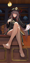 1girl, absurdres, bare legs, barefoot, black nails, blush, brown hair, chinese clothes, feet, flower, full body, genshin impact, ghost, hat, highres, hu tao, icons (1452697582), jewelry, legs, legs crossed, long hair, long sleeves, looking at viewer, nail polish, nails, red eyes, ring, sitting, smile, soles, solo, symbol-shaped pupils, table, toenails, toes, twintails