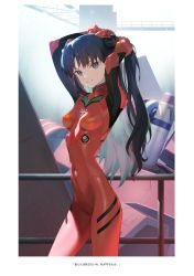 Rule 34 | 1girl, absurdres, black hair, blue eyes, bodysuit, breasts, cosplay, eva 02, fate/stay night, fate (series), grin, head tilt, highres, looking to the side, mecha, neon genesis evangelion, open mouth, parted bangs, pilot suit, plugsuit, red bodysuit, robot, scan, siino, simple background, skin tight, small breasts, smile, solo, souryuu asuka langley (cosplay), tohsaka rin, twintails, tying hair