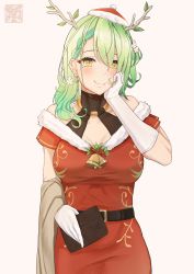 Rule 34 | 1girl, absurdres, antlers, bell, blush, braid, breasts, ceres fauna, christmas, cleavage, earrings, eyebrows hidden by hair, flower, gloves, green hair, hair flower, hair ornament, hand on own face, highres, hololive, hololive english, horns, jewelry, large breasts, looking at viewer, mchiefy, medium hair, orange eyes, simple background, smile, solo, virtual youtuber