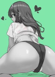 Rule 34 | 1girl, ass, bare legs, bikini, bikini under clothes, blue background, blush, c (theta), cleft of venus, cropped shirt, fat mons, greyscale, greyscale with colored background, heart, highres, idolmaster, idolmaster million live!, looking at viewer, looking back, monochrome, profile, see-through, see-through shirt, short sleeves, simple background, sketch, solo, straight hair, swimsuit, tanaka kotoha