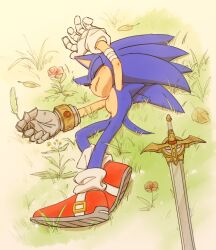 Rule 34 | 1boy, animal ears, animal nose, arm up, bandaged arm, bandages, caliburn (sonic), chaosrice, closed eyes, commentary, flower, full body, furry, furry male, gauntlets, gloves, grass, highres, holding, lying, male focus, on grass, on ground, on side, red footwear, shoes, single gauntlet, sleeping, solo, sonic (series), sonic and the black knight, sonic the hedgehog, sword, symbol-only commentary, tail, weapon, white gloves