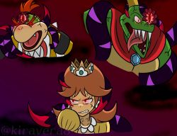 Rule 34 | alternate eye color, angry, blonde hair, blue fur, bowser jr., brown hair, cape, corruption, crossover, crown, dark persona, dharkon, donkey kong (series), donkey kong country, fangs, glowing, glowing eyes, hal laboratory, highres, king k. rool, kiravera8, long hair, looking at viewer, looking to the side, mario (series), nintendo, open mouth, pointy ears, possessed, possession, princess daisy, rareware, red eyes, sharp teeth, short hair, slit pupils, super mario land, super mario sunshine, super smash bros., teeth, tentacles, tongue, tongue out, veins