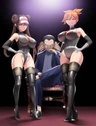 Rule 34 | 1boy, 2girls, absurdres, alternate breast size, black leotard, breasts, brown hair, covered erect nipples, creatures (company), dr. stein, game freak, gen 1 pokemon, giovanni (pokemon), gloves, grabbing, grabbing another&#039;s breast, gym leader, hair tie, highleg, highleg leotard, highres, hypnosis, large breasts, latex, legs, leotard, mind control, misty (pokemon), multiple girls, nintendo, orange hair, pale skin, pokemon, pokemon (anime), pokemon (classic anime), pokemon bw2, pokemon frlg, pubic tattoo, red eyes, rosa (pokemon), tattoo, team rocket, thick thighs, thighs, twintails, wide hips