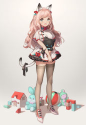 Rule 34 | 1girl, :d, animal ears, ball, beachball, black ribbon, black skirt, blue eyes, blush, breasts, cat ears, cat girl, cat tail, fang, female focus, flower, full body, gradient background, grey background, grey thighhighs, hair flower, hair ornament, layered skirt, long hair, looking at viewer, medium breasts, miniskirt, open mouth, original, pink hair, red flower, ribbon, shadow, shirt, shoes, short sleeves, skirt, smile, solo, standing, stuffed animal, stuffed rabbit, stuffed cat, stuffed toy, tail, tail ornament, tail ribbon, teddy bear, thighhighs, toy, wavy hair, white footwear, white shirt, yutsumoe, zettai ryouiki