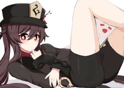 Rule 34 | 1girl, bike shorts, black hat, black jacket, black shorts, blush, brown eyes, closed mouth, day mello, flower, genshin impact, hat, hat flower, highres, hu tao (genshin impact), jacket, legs up, long sleeves, looking at viewer, lying, on back, red flower, short shorts, shorts, simple background, solo, symbol-shaped pupils, twintails, white background