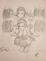 Rule 34 | 1girl, exercising, graphite (medium), hairband, kagura chizuru, kazu koimo, long hair, solo, squatting, the king of fighters, traditional media, weightlifting