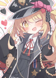 Rule 34 | 1girl, black coat, black dress, black hat, blonde hair, blue archive, blush, coat, collared shirt, dress, hat, heart, ibuki (blue archive), long hair, looking at viewer, nalphanne, one eye closed, open clothes, open coat, open mouth, peaked cap, shirt, sleeves past fingers, sleeves past wrists, smile, solo, white shirt, yellow eyes