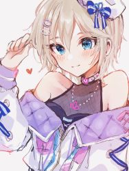 Rule 34 | anastasia (idolmaster), blonde hair, blue eyes, blush, choker, clothing request, eyes visible through hair, hair between eyes, hair ornament, hair ribbon, hat, heart, highres, holding, holding own hair, idolmaster, idolmaster cinderella girls, off-shoulder jacket, off shoulder, r930a nya, ribbon, short hair, sketch, smile, solo, tagme, white background, white hat